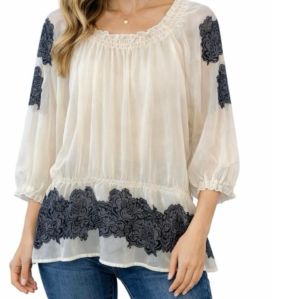 Apt. 9 Sheer‎ Peasant Blouse Black Floral Lace Trim Large